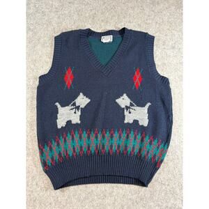 Vintage 80s Keneth Too! Sweater Vest Womens Large Navy Blue Scotty Dog Argyle